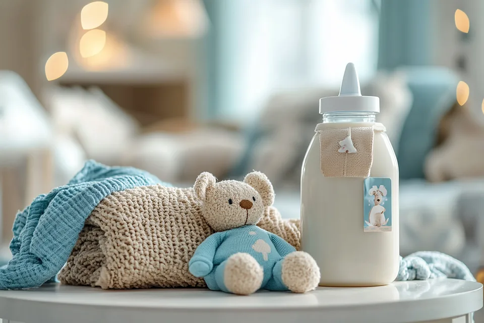 A baby bottle and a teddy bear on a table