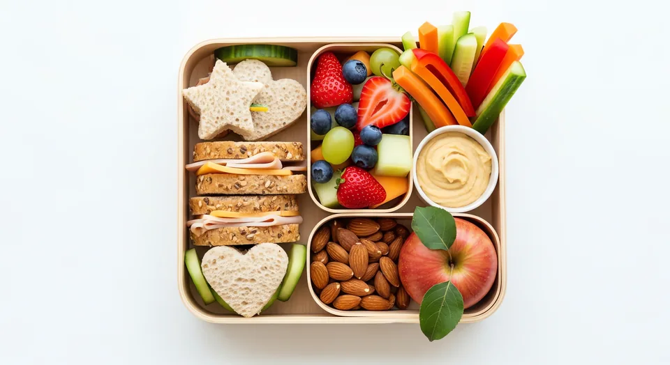 A packed school lunch of fruit and vegetables