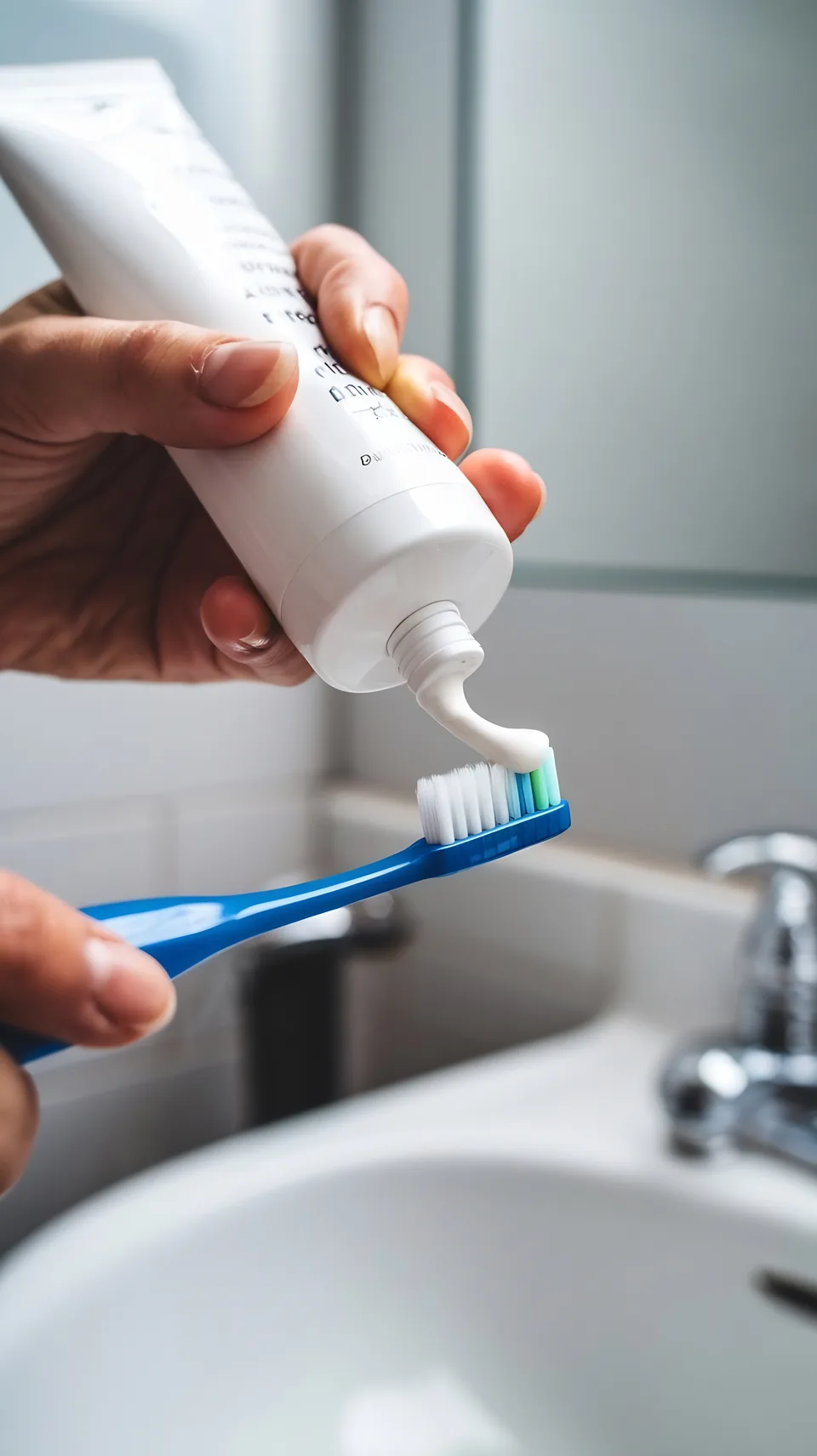 Toothpaste being squeezed onto a toothbrush