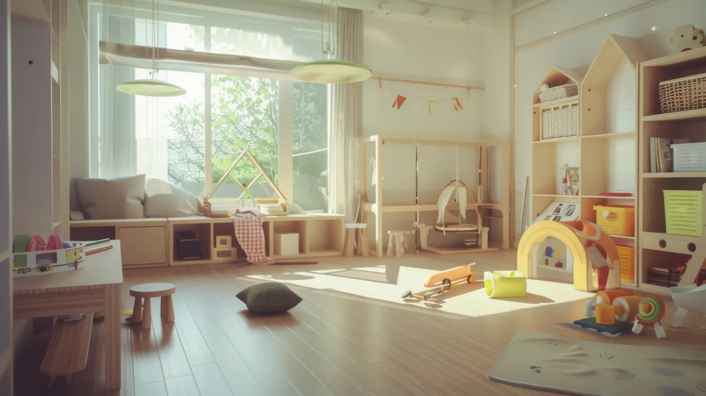 A bright playroom with wooden toys