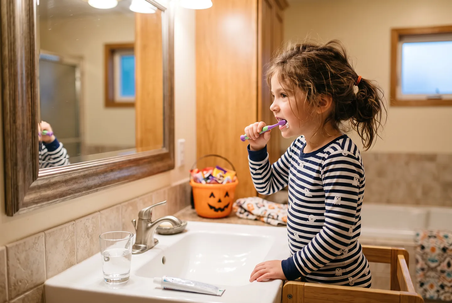 A child brushing their teeth at a bathroom sink