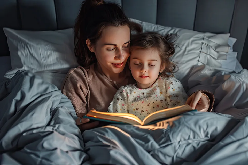 A parent and child reading a book in bed