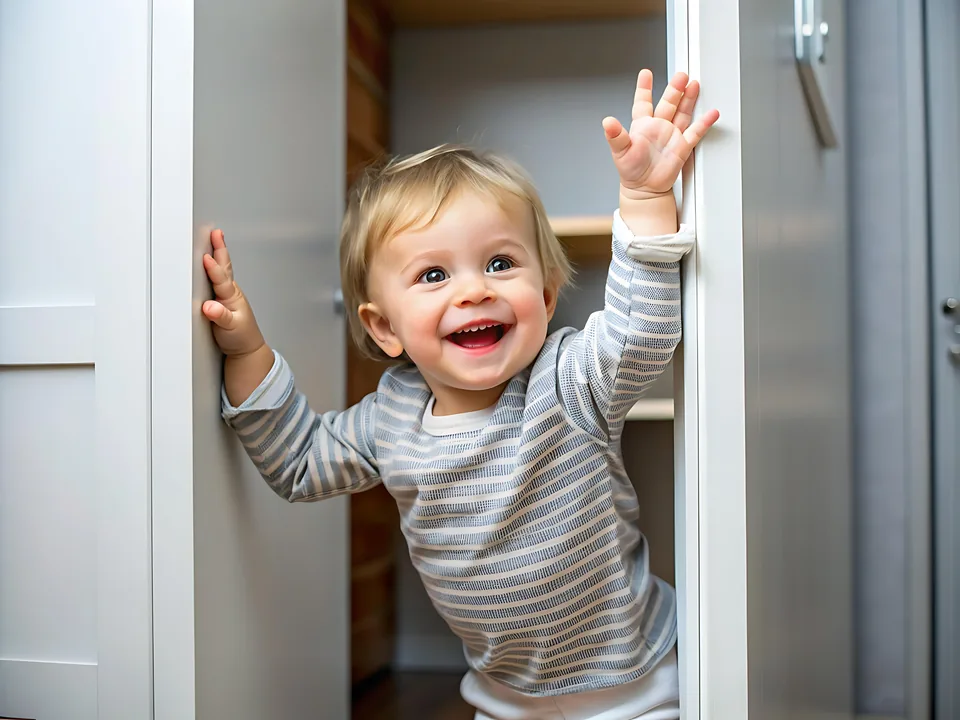 A toddler waving through a doorway