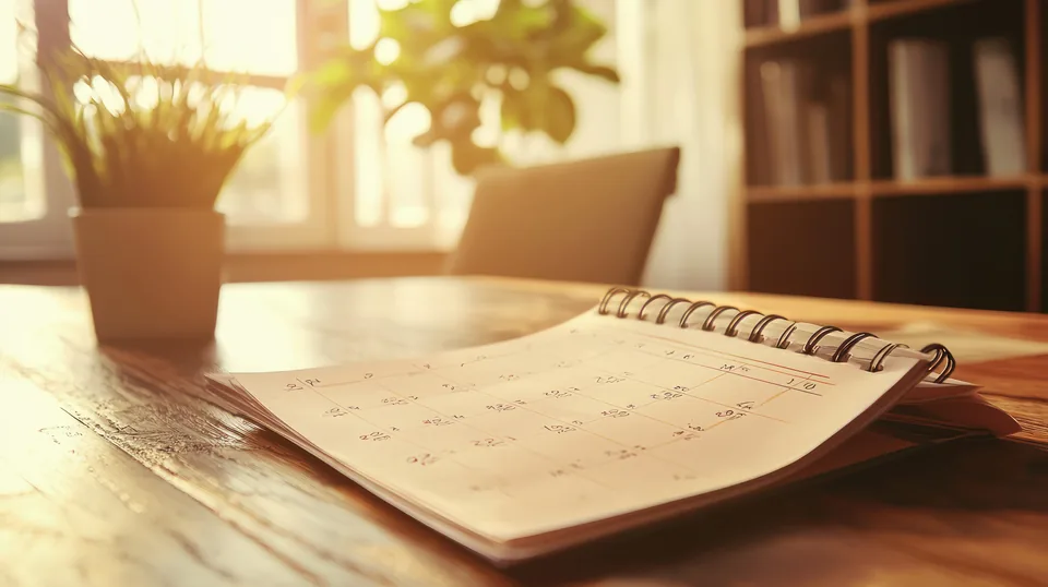 A calendar and a pen on a desk