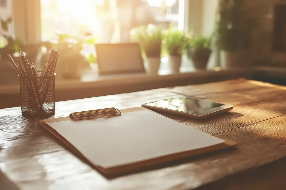 A clipboard and a pen on a desk