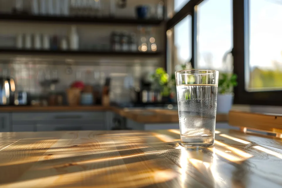 A glass of water on a kitchen table