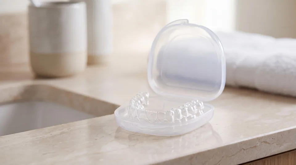 A clear aligner in its case on a bathroom counter