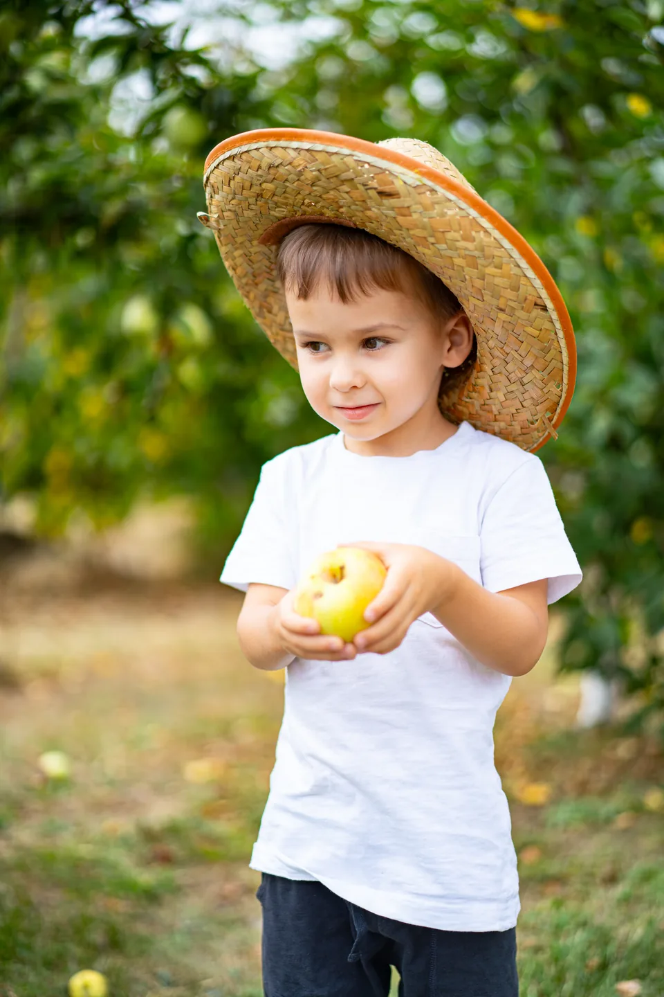 A child holding an apple outdoors